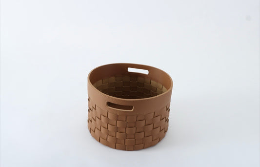 Petite panière ronde en cuir tressé - Marron Camel