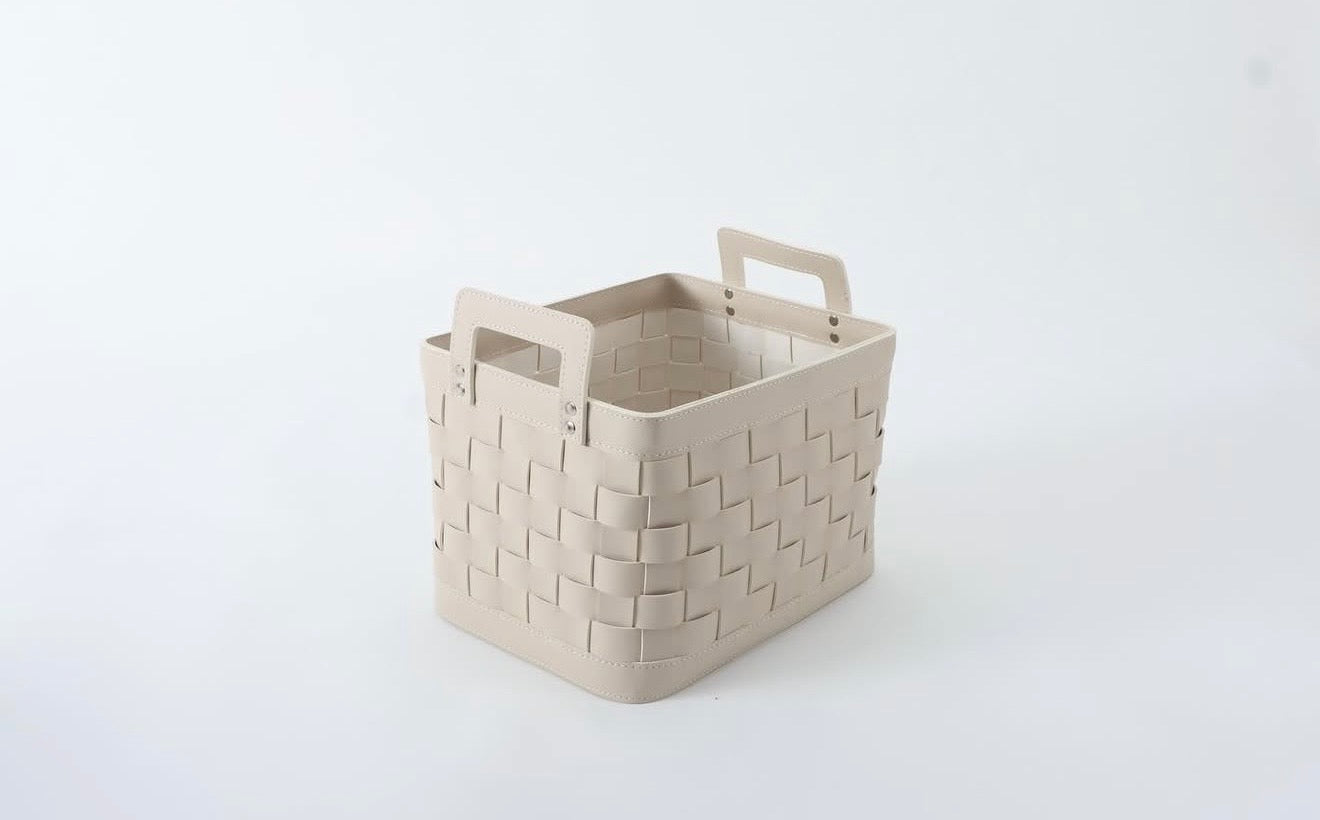 Petite panière en cuir tressé avec poignées - Blanc cassé
