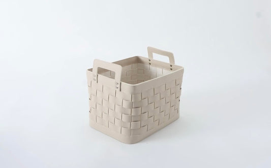 Petite panière en cuir tressé avec poignées - Blanc cassé