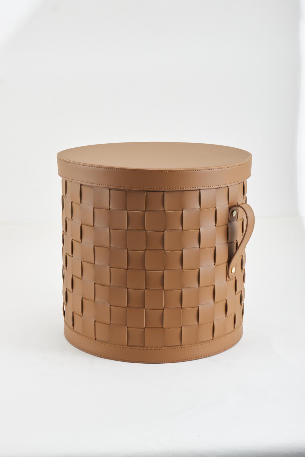 Grande panière en cuir tressé avec couvercle - Marron Camel