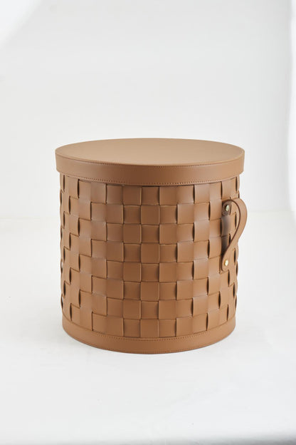 Grande panière en cuir tressé avec couvercle - Marron Camel