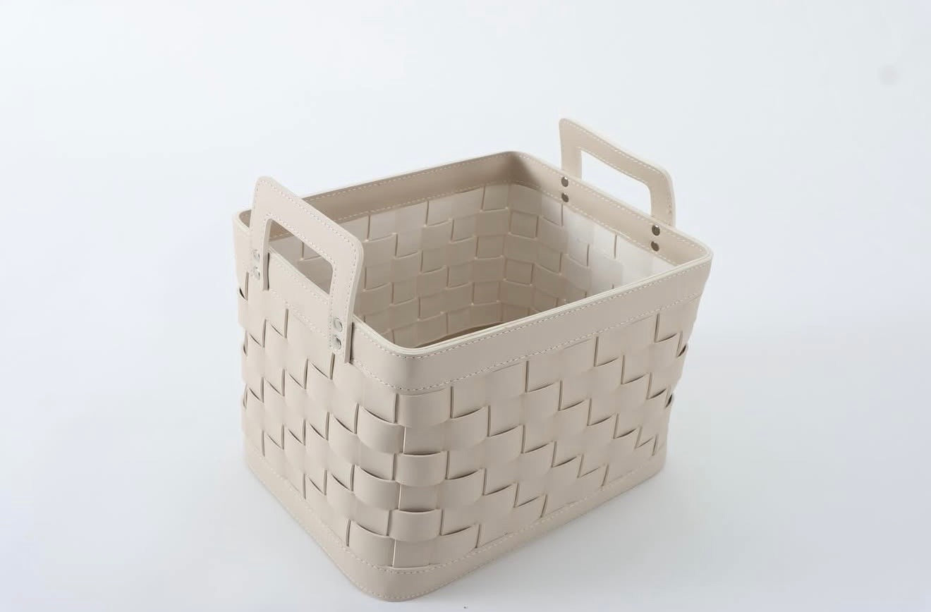 Petite panière en cuir tressé avec poignées - Blanc cassé
