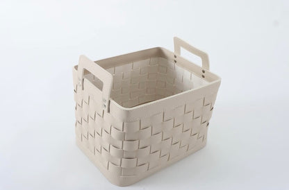 Petite panière en cuir tressé avec poignées - Blanc cassé