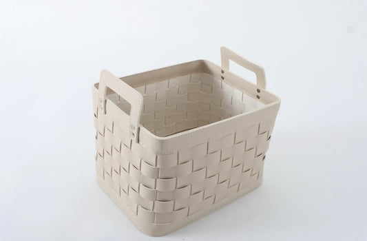 Petite panière en cuir tressé avec poignées - Blanc cassé