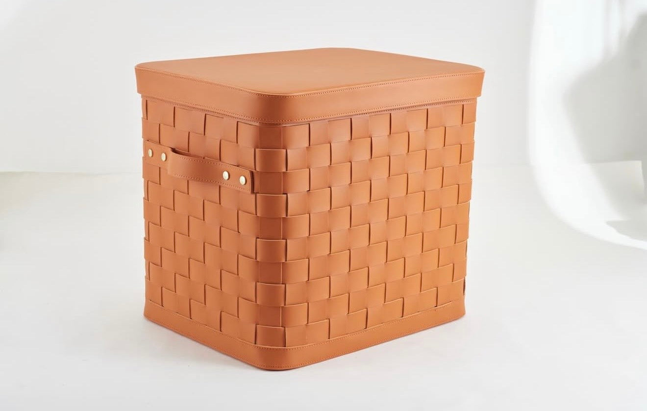 Grande panière en cuir tressé avec couvercle - Orange sellier