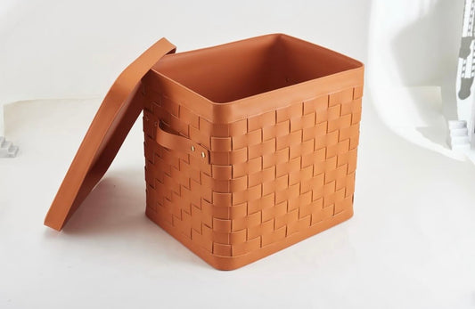 Grande panière en cuir tressé avec couvercle - Orange sellier