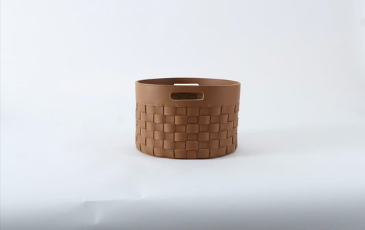 Petite panière ronde en cuir tressé - Marron Camel