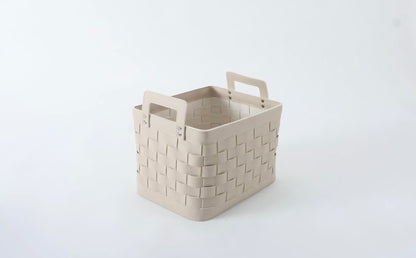 Petite panière en cuir tressé avec poignées - Blanc cassé