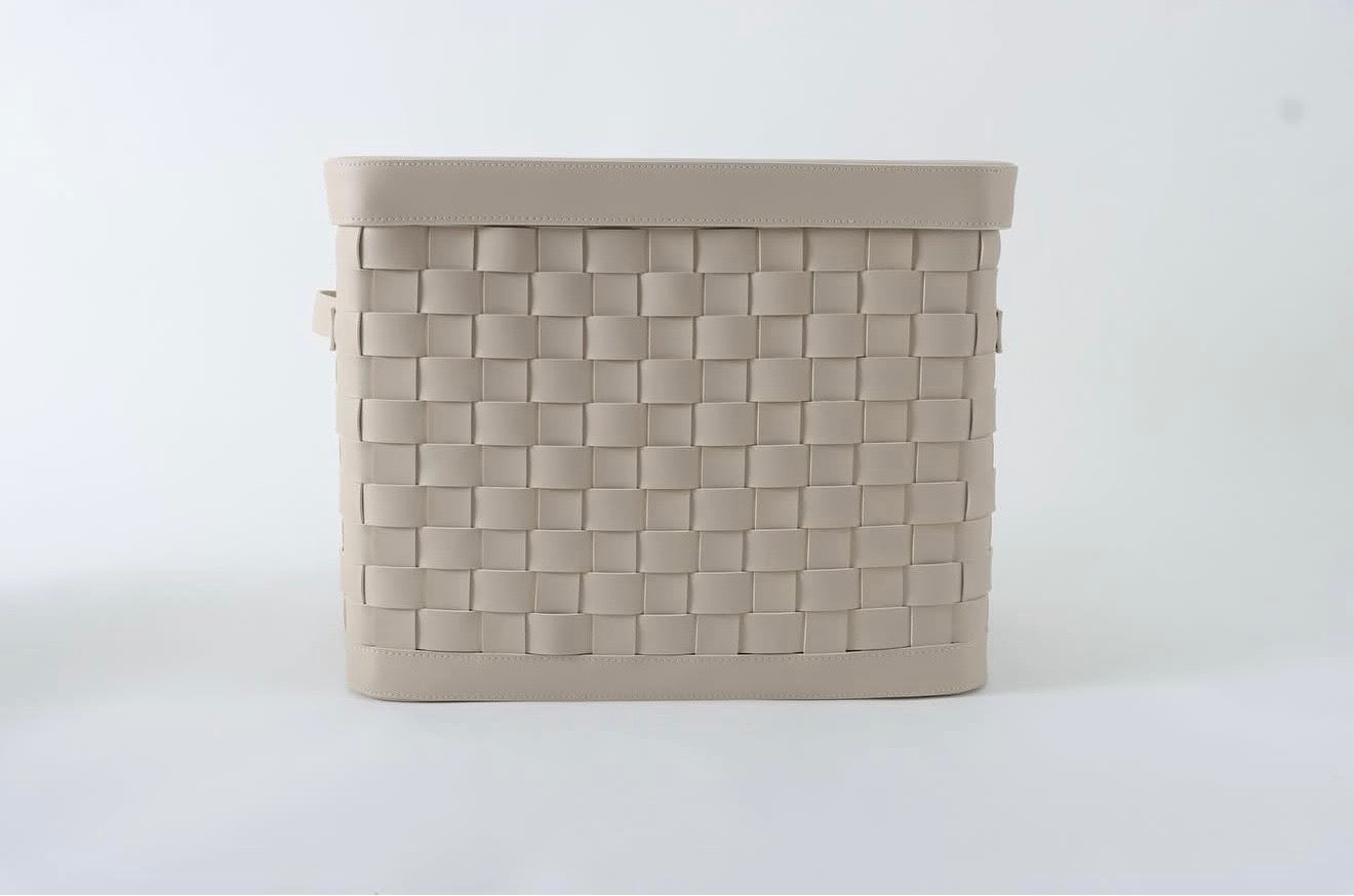 Grande panière en cuir tressé avec couvercle - Blanc cassé