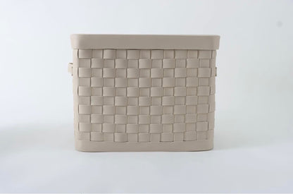 Grande panière en cuir tressé avec couvercle - Blanc cassé