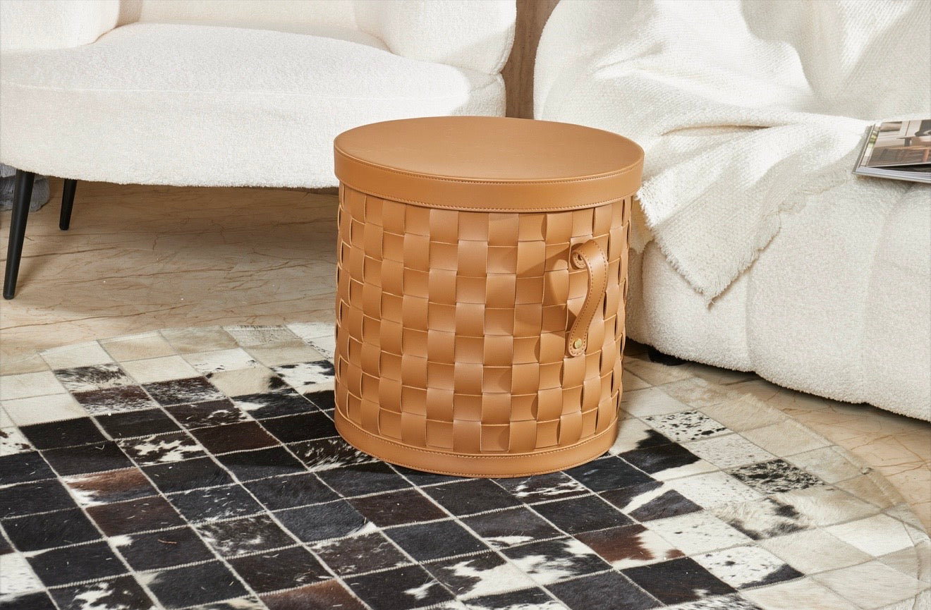 Grande panière en cuir tressé avec couvercle - Marron Camel