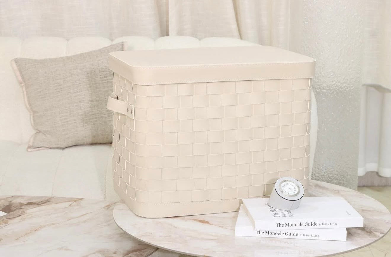Grande panière en cuir tressé avec couvercle - Blanc cassé