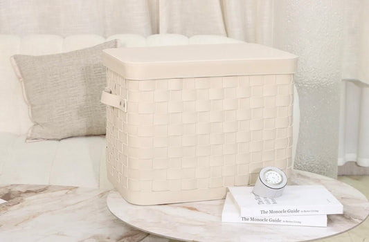 Grande panière en cuir tressé avec couvercle - Blanc cassé
