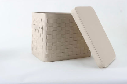 Grande panière en cuir tressé avec couvercle - Blanc cassé