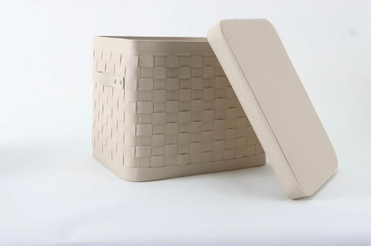 Grande panière en cuir tressé avec couvercle - Blanc cassé